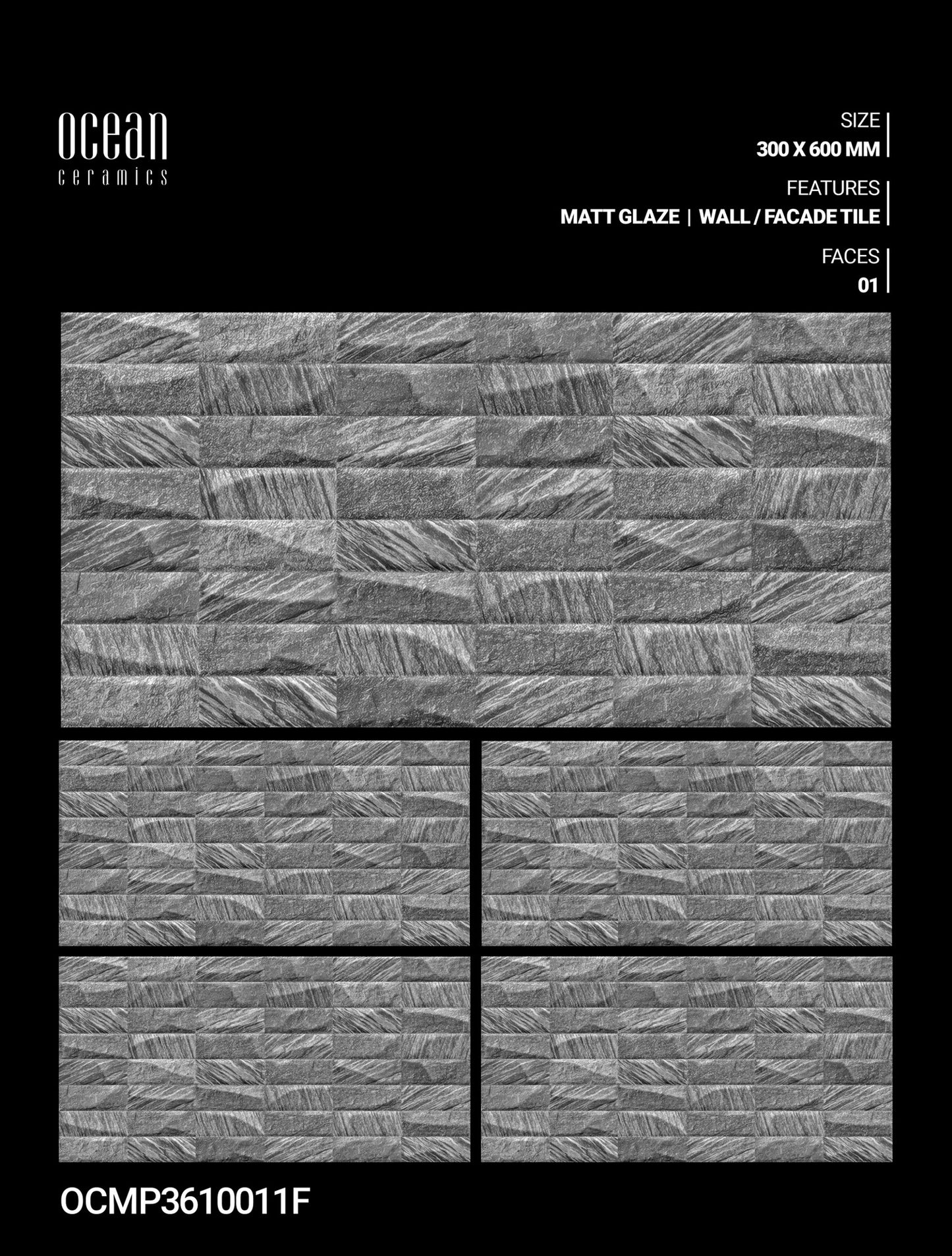 12X24 OCEAN TILE OCEAN TS WALL FAICING OCMP-3610011-F GREY DABI MATT