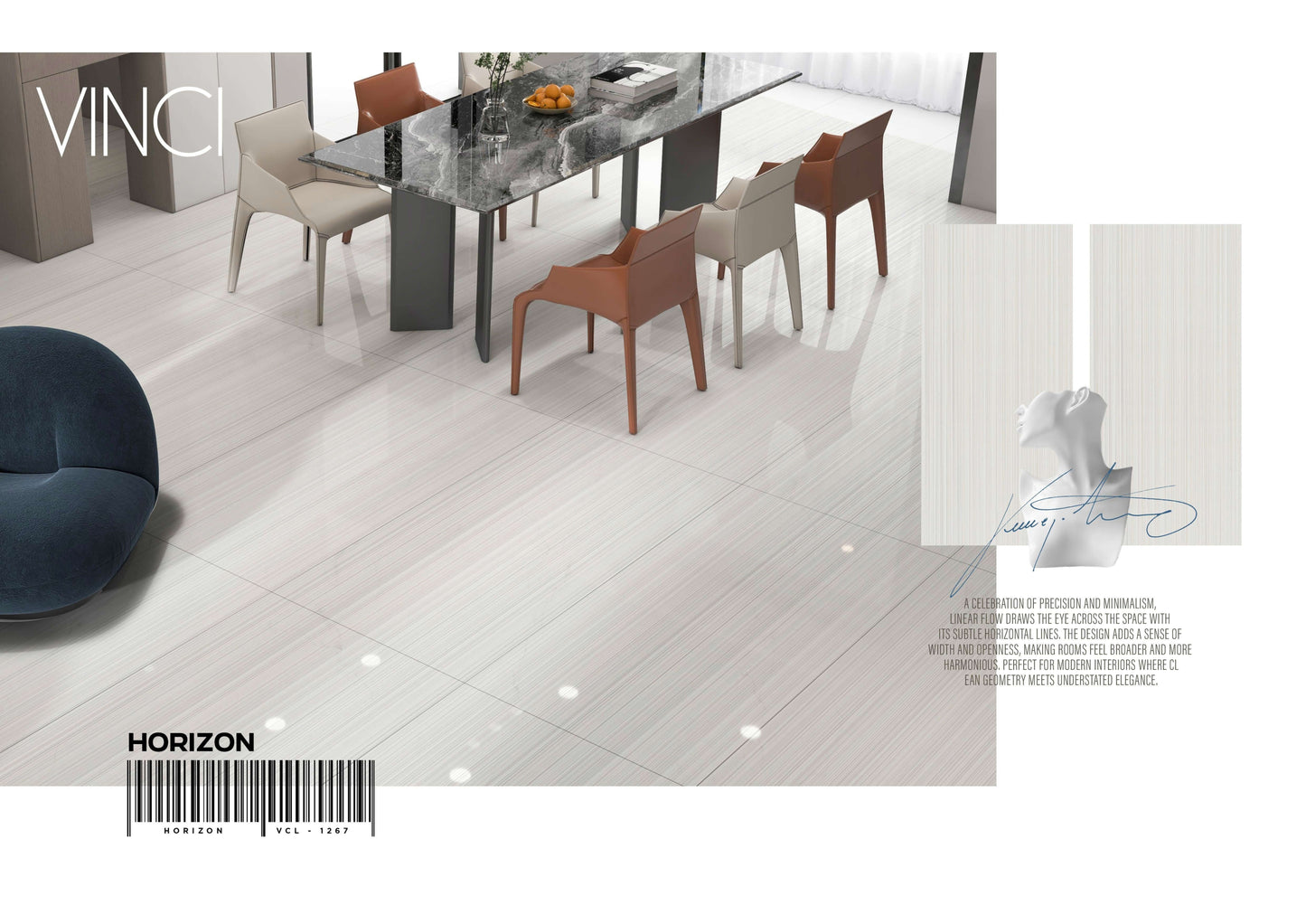 Dining room with marble table and chairs, featuring VINCI Horizon tiles.