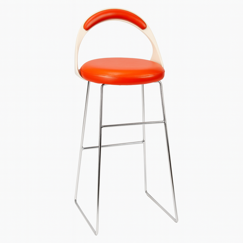 Angular Leather Bar Stool with Chrome Legs and Curved Backrest