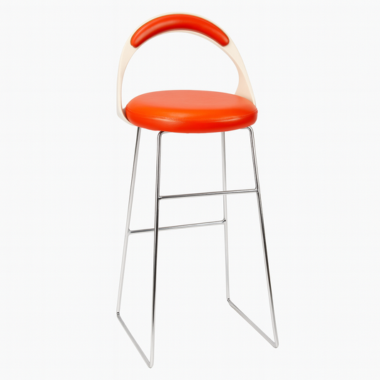 Angular Leather Bar Stool with Chrome Legs and Curved Backrest