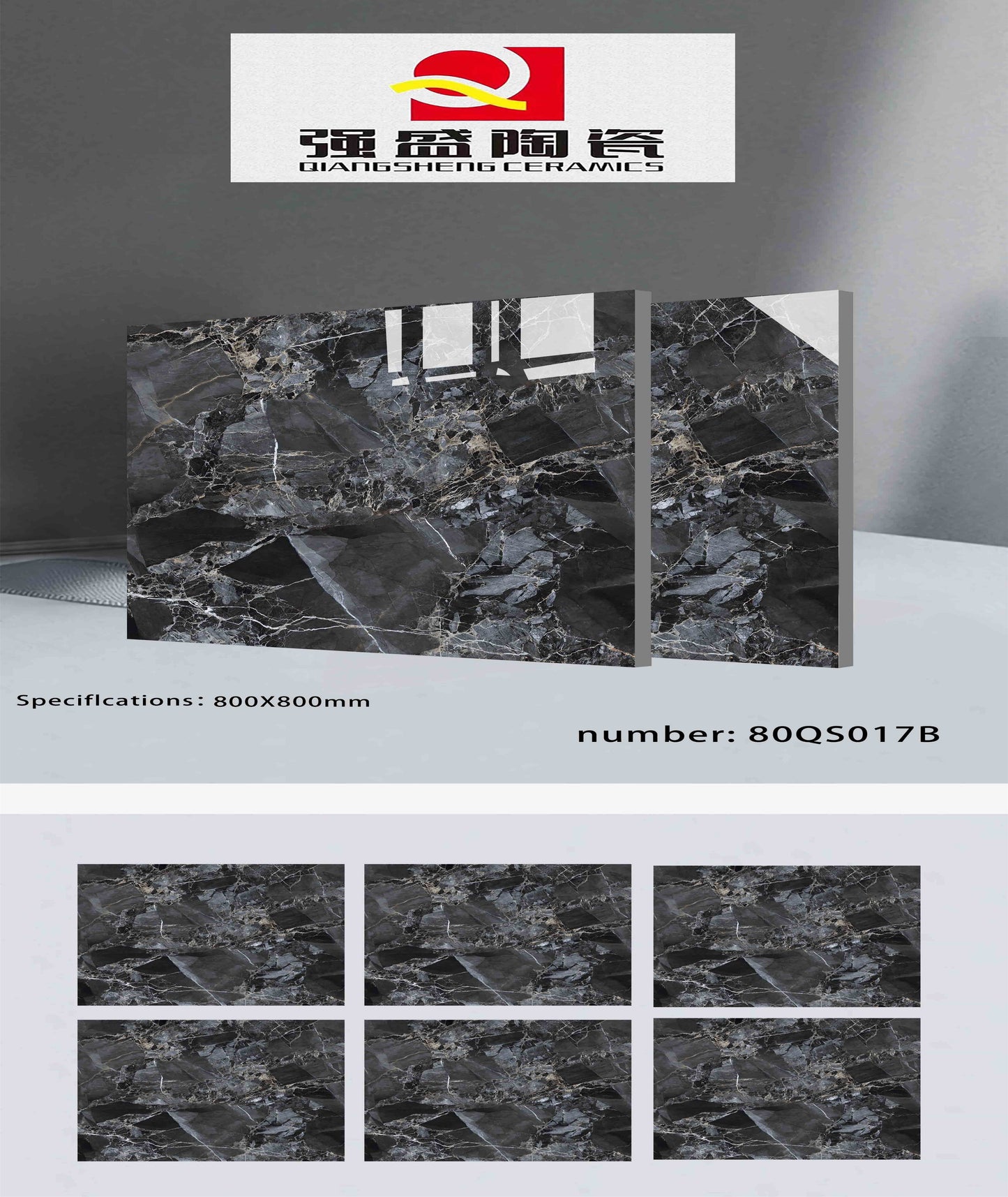 32X32 QIANGSHENG TILE  FLOOR TS 80-QS-017-B BLACK/GREY MARBLE TEXTURE POLISH