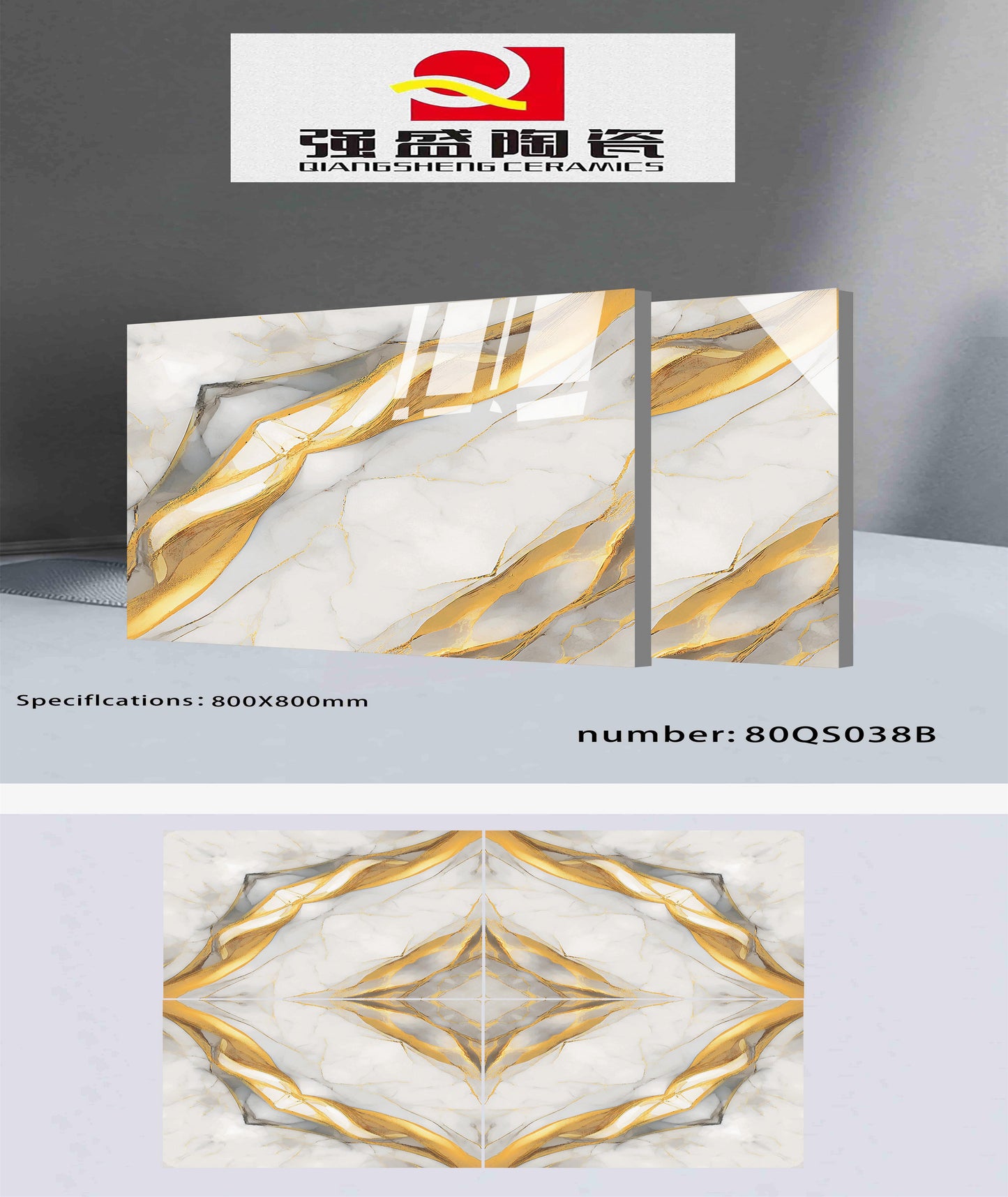 32X32 QIANGSHENG TILE QIANGSHENG FLOOR TS FLOOR 80-QS-038-B GREY/GOLDEN BOOK MATCH POLISH