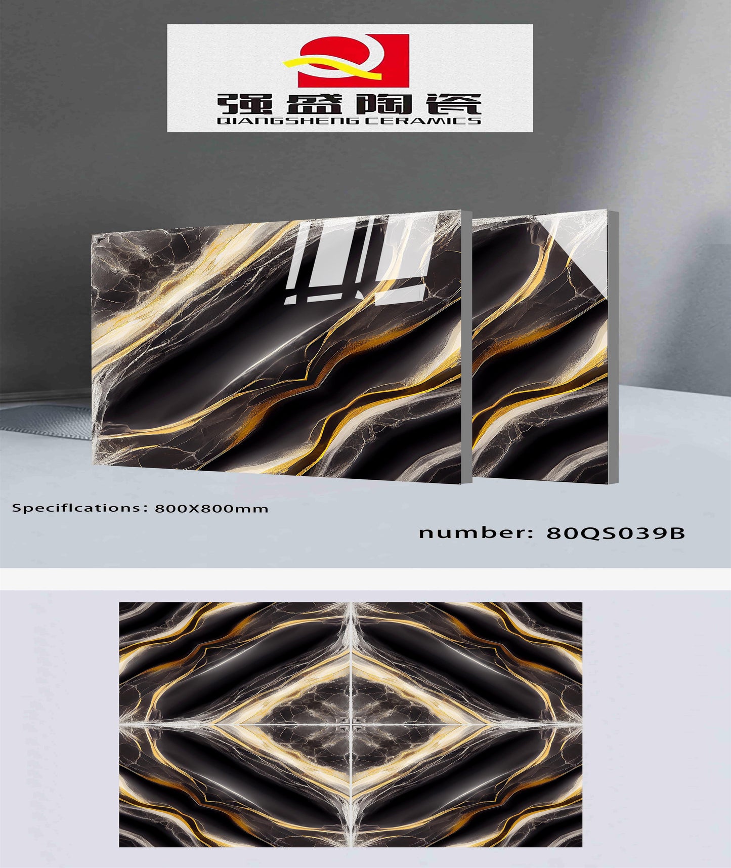 32X32 QIANGSHENG TILE TS FLOOR 80-QS-039-B BLACK/GOLDEN BOOK MATCH POLISH