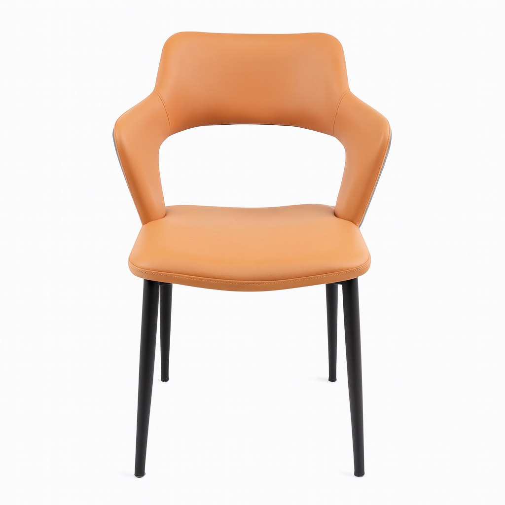 Angular Tan Leather Dining Chair with Black Metal Legs