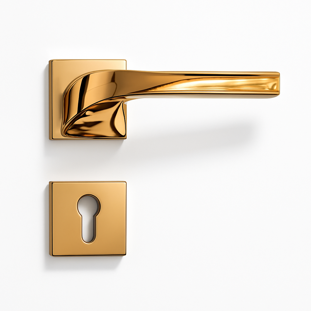 Polished Gold Square Lever Door Handle with Keyhole