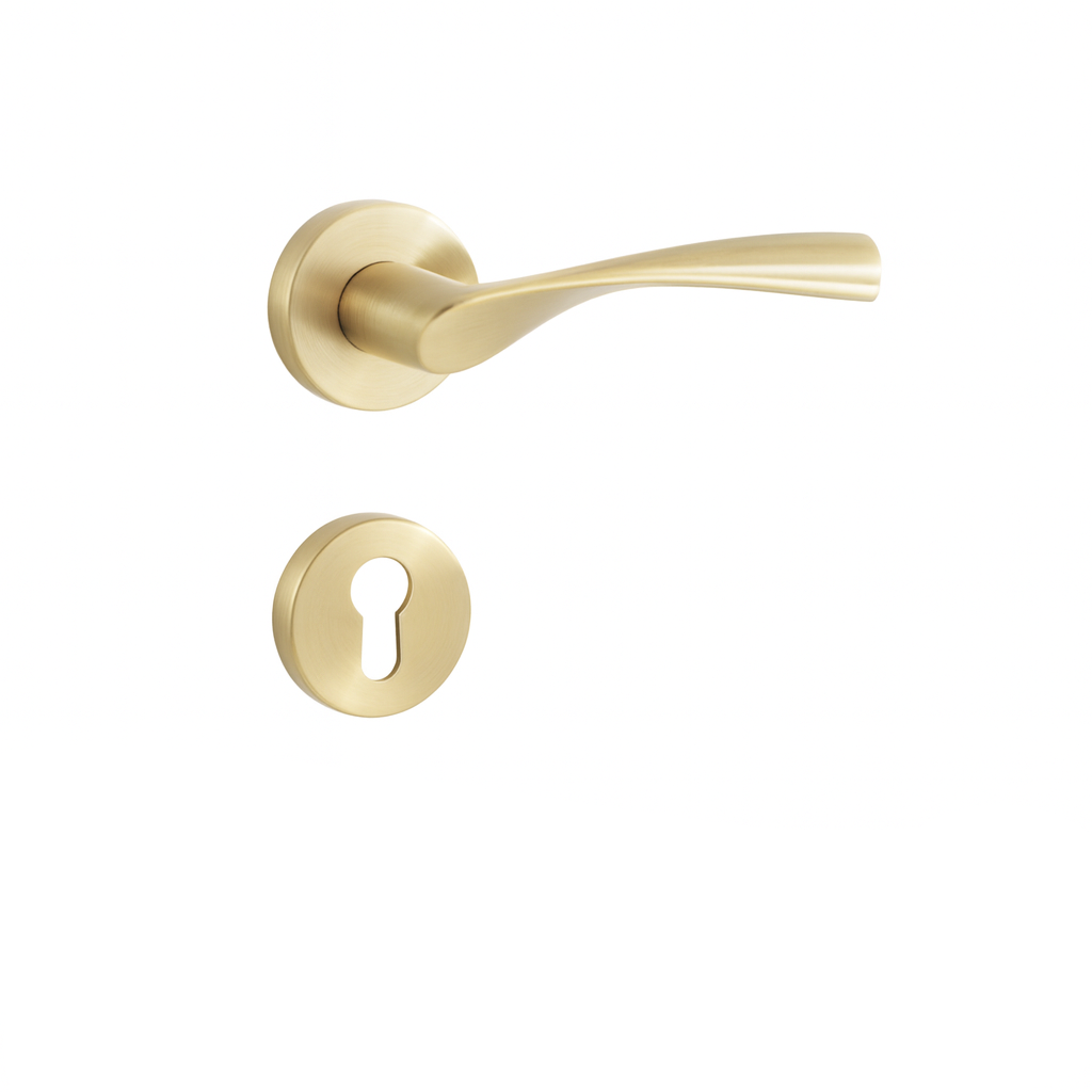 Yale Brushed gold curved lever door handle with keyhole