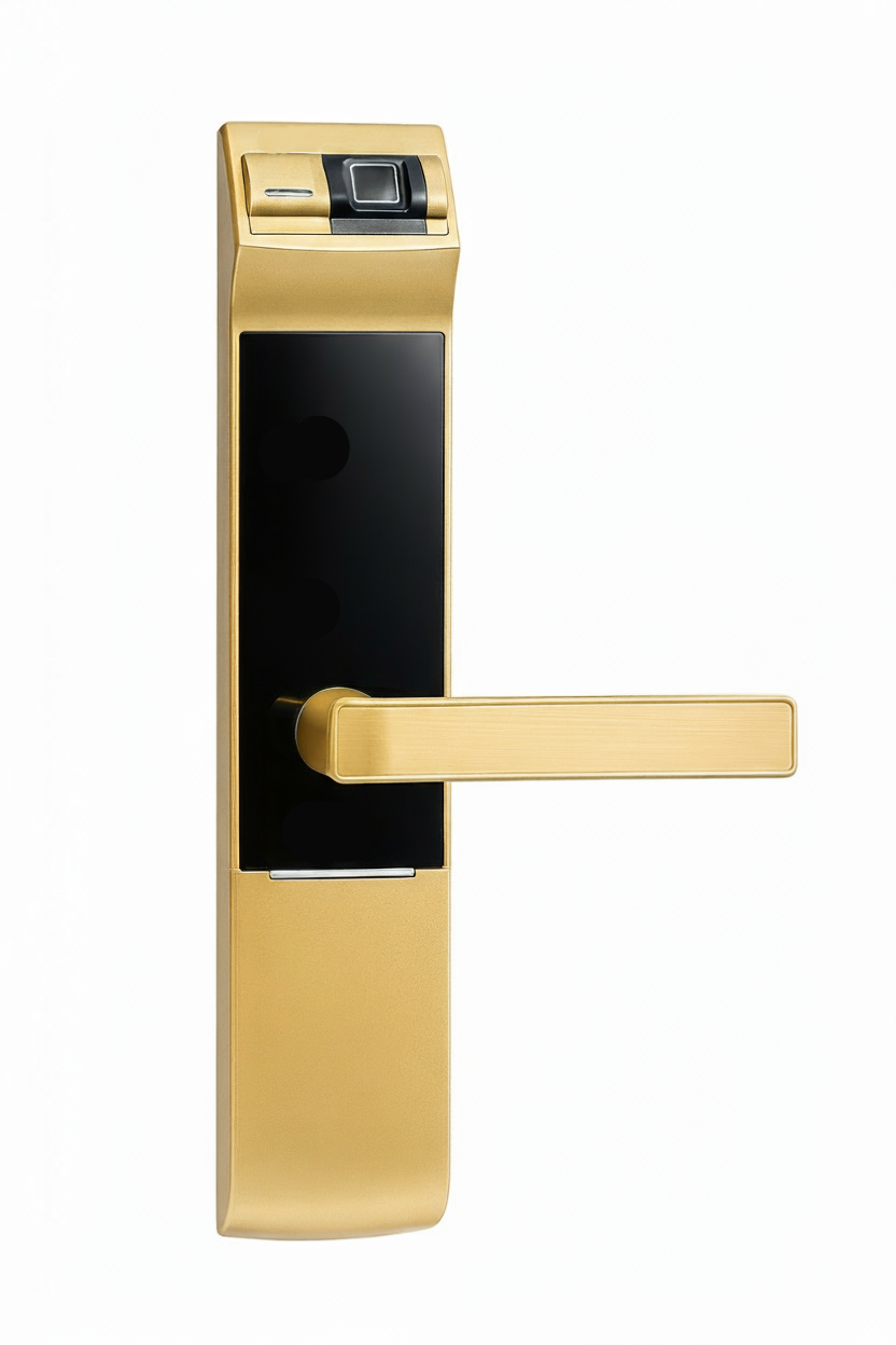 Gold electronic door handle with digital display on a white background