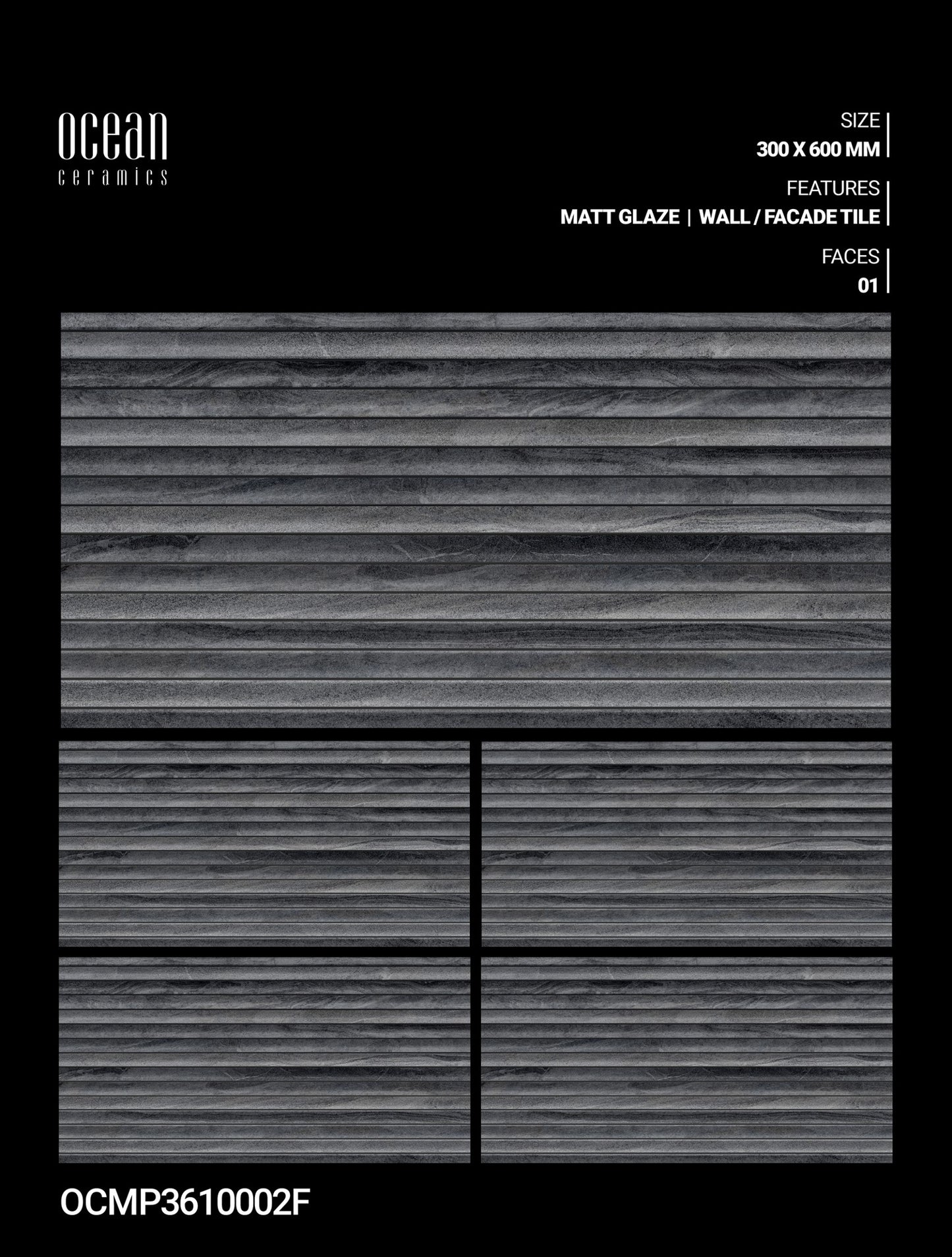 12X24 OCEAN TILE OCEAN \ TS WALL FACING OCMP-3610002-F GREY/BLACK TEXTURE LINE MATT