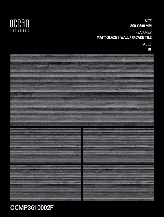12X24 OCEAN TILE OCEAN \ TS WALL FACING OCMP-3610002-F GREY/BLACK TEXTURE LINE MATT
