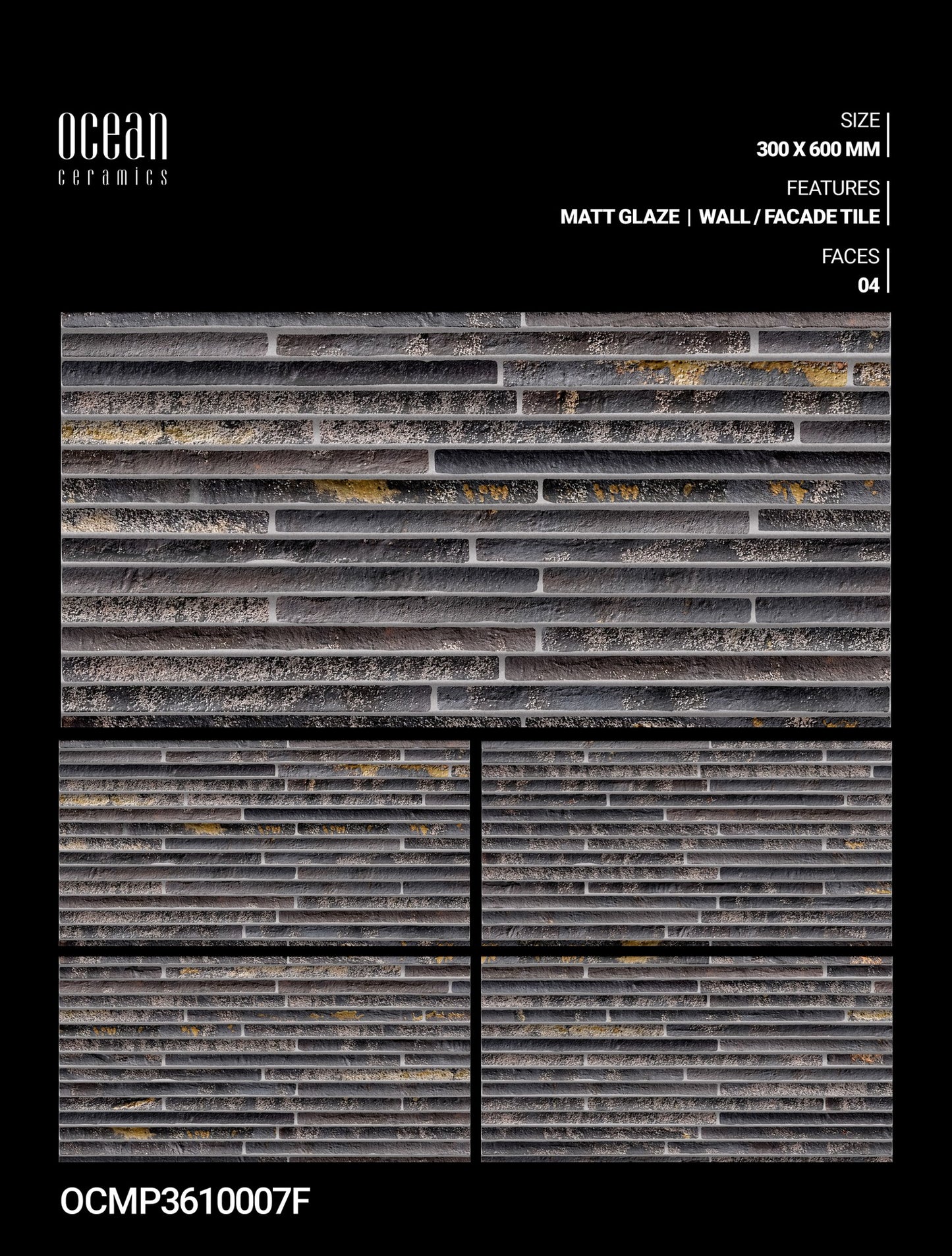 12X24 OCEAN TILE OCEAN TS WALL FACING OCMP-3610007-F BLACK/BROWN TEXTURE LINE MATT