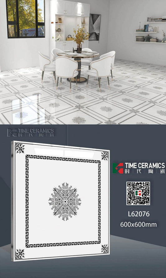 24X24 TIME TILE TIMES FLOOR TS FLOOR L-62076 WHITE/BLACK FLOWER POLISH