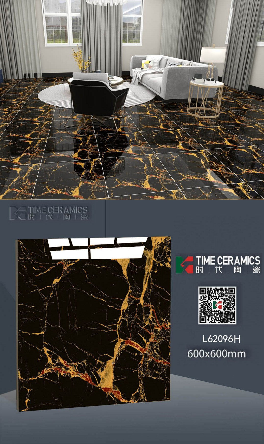 24X24 TIME TILE TIMES FLOOR TS FLOOR L-62096-H BLACK/GOLDEN TEXTURE POLISH
