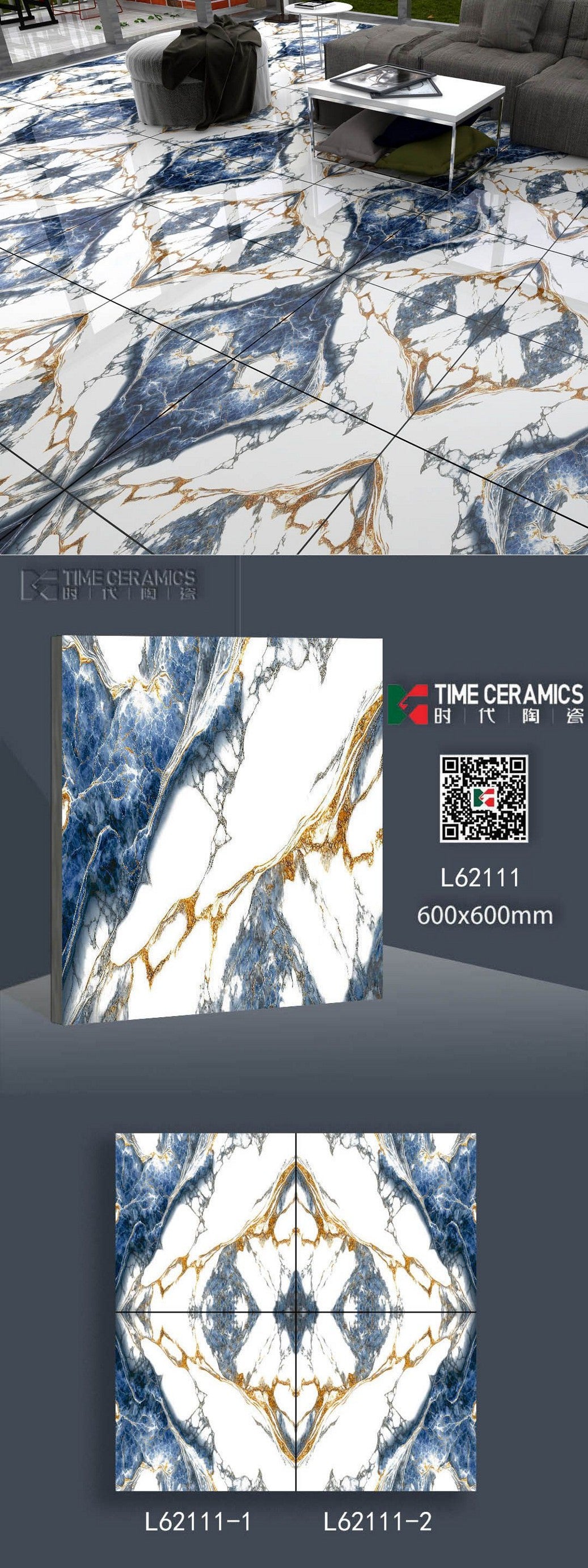 24X24 TIME TILE TIMES FLOOR TS FLOOR L-62111-1 WHITE BLUE/GOLD BOOK MATCH POLISH