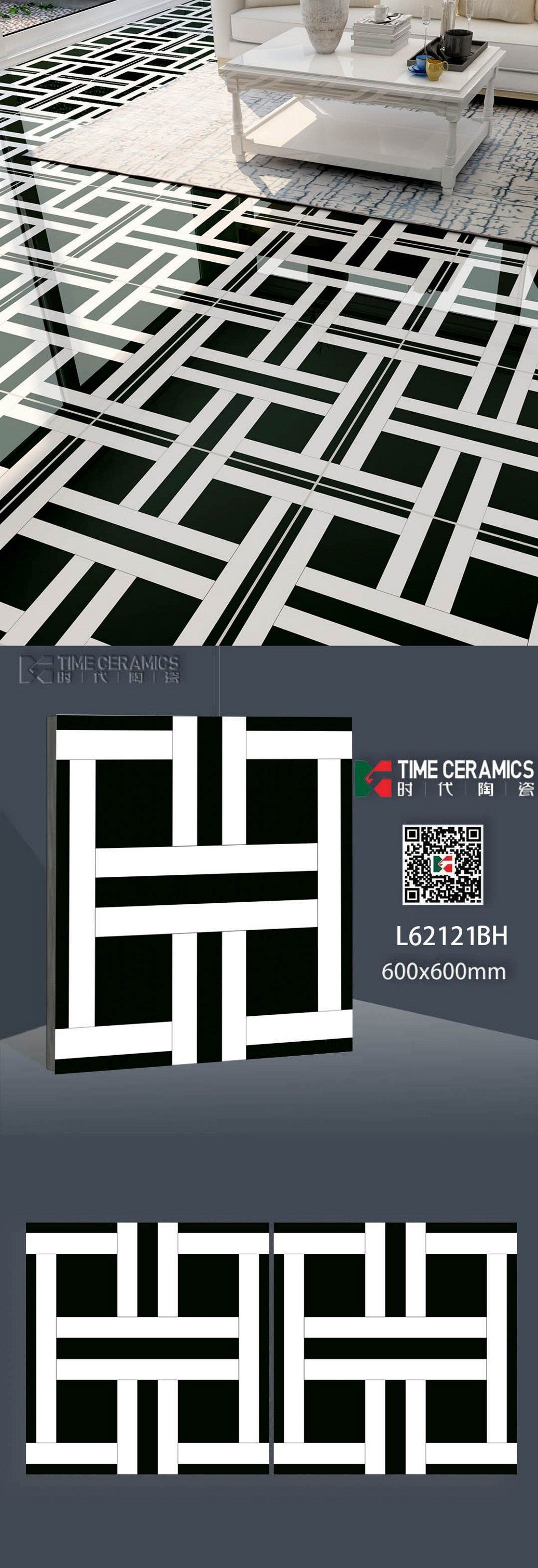 24X24 TIME TILE TIMES FLOOR TS FLOOR L-62121-BH BLACK/WHITE DABI POLISH