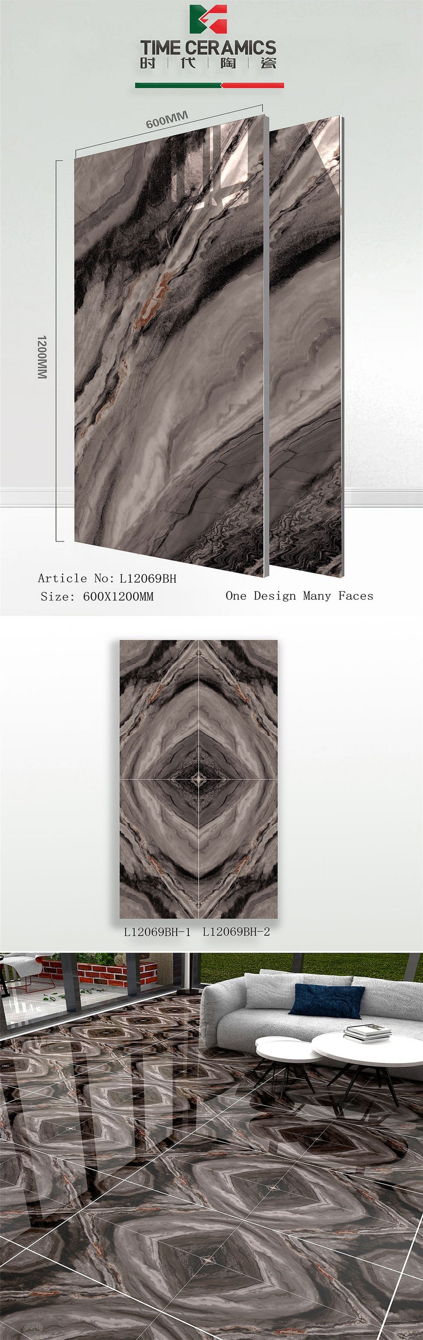 24X48 TIME TILE TIMES FLOOR TS FLOOR L-12069-BH-1 GREY/BLACK MARBLE TEXTURE POLISH