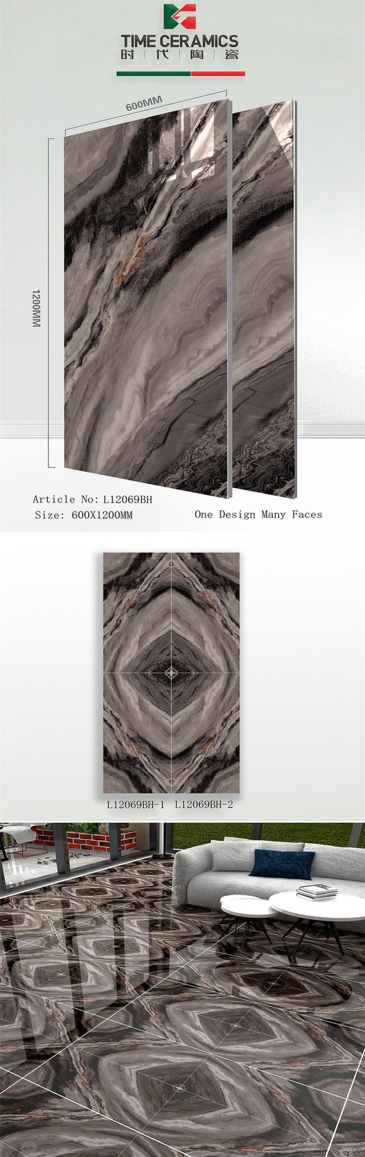 24X48 TIME TILE TIMES FLOOR TS FLOOR L-12069-BH-1 GREY/BLACK MARBLE TEXTURE POLISH