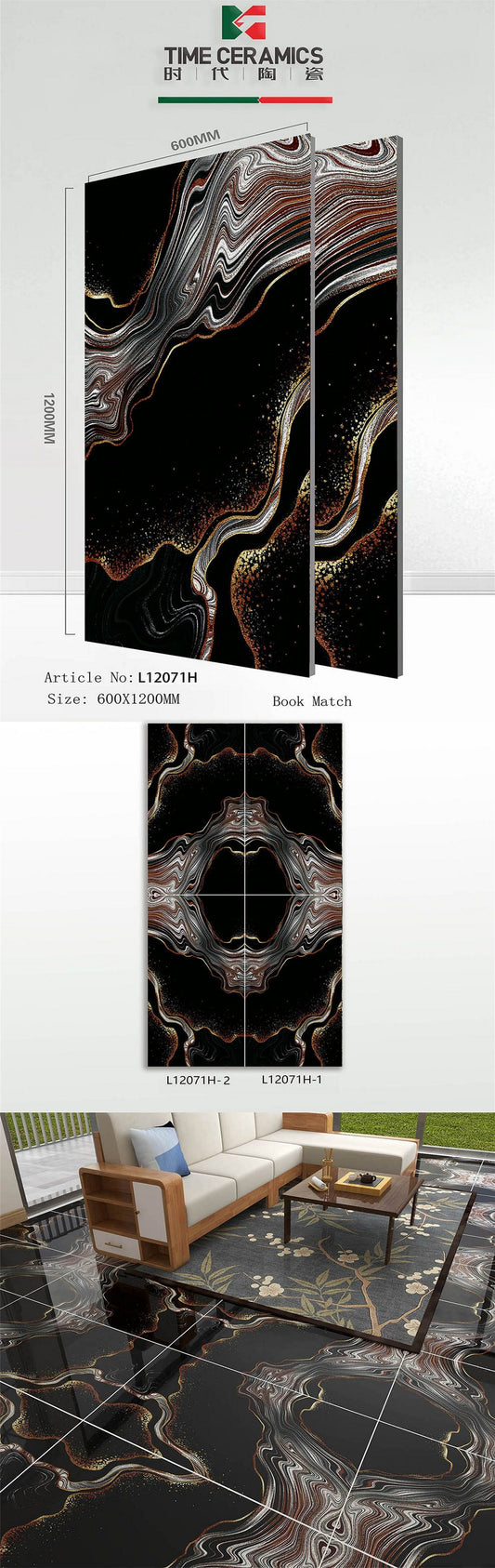 24X48 TIME TILE TIMES FLOOR TS FLOOR L-12071H-1 BLACK/GOLDEN DESIGN POLISH