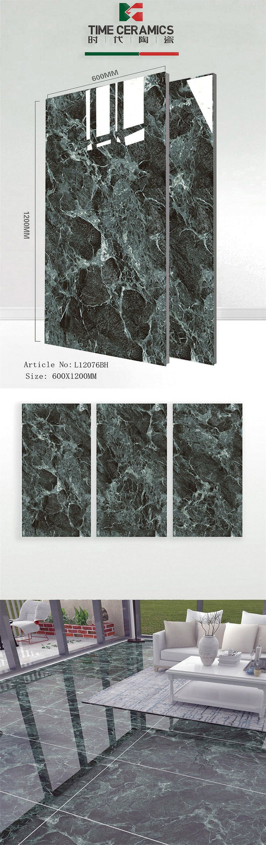 24X48 TIME TILE TIMES FLOOR TS FLOOR L-12076-BH GREEN/BLACK MARBLE TEXTURE POLISH