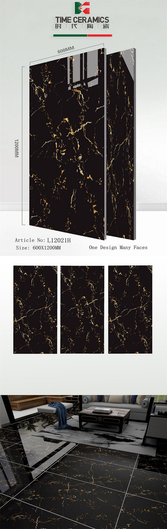 24X48 TIME TILE TIMES FLOOR TS FLOOR L-12021-H BLACK/GOLD TEXTURE POLISH