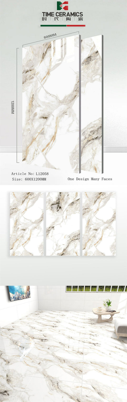 24X48 TIME TILE TIMES FLOOR TS FLOOR L-12058 WHITE/BROWN MARBLE TEXTURE POLISH