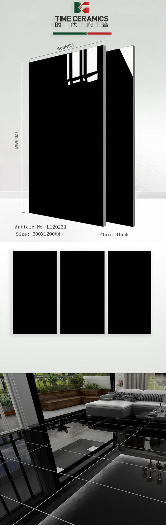 24X48 TIME TILE TIMES FLOOR TS FLOOR L-12023-H BLACK PLAIN POLISH