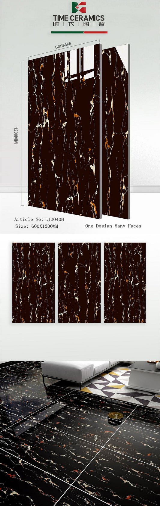 24X48 TIME TILE TIMES FLOOR TS FLOOR L-12040-H BLACK/GOLDEN TEXTURE