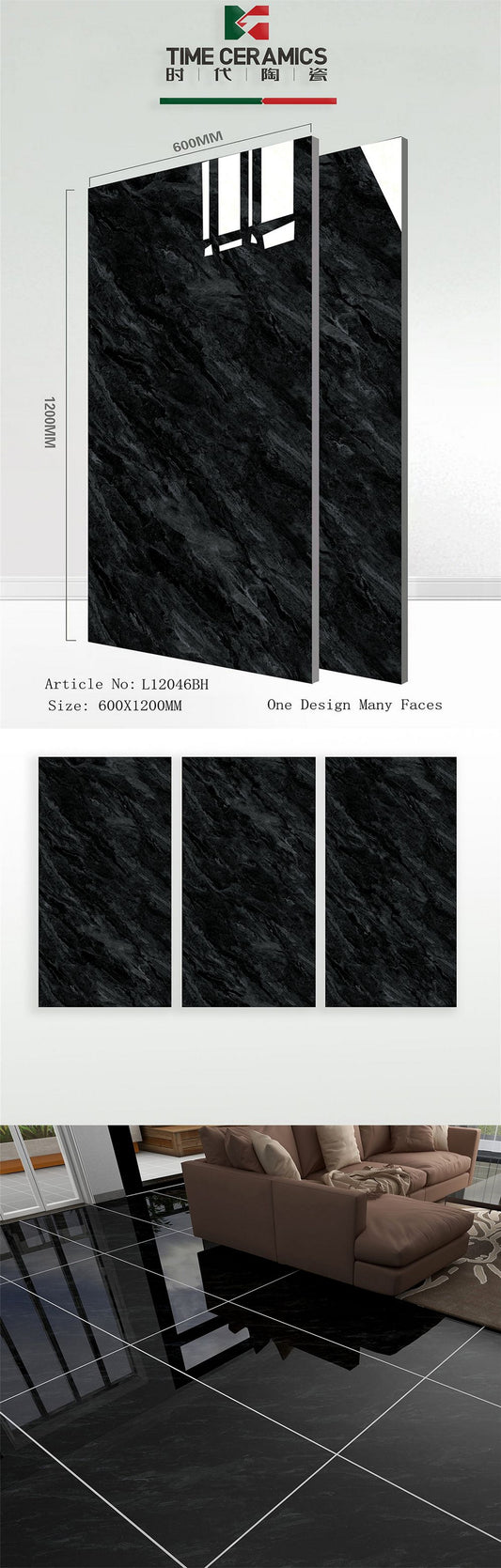 24X48 TIME TILE TIMES FLOOR TS FLOOR L-12046-BH BLACK/GREY TEXTURE POLISH