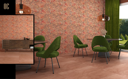 Modern interior with green chairs against a patterned wall.